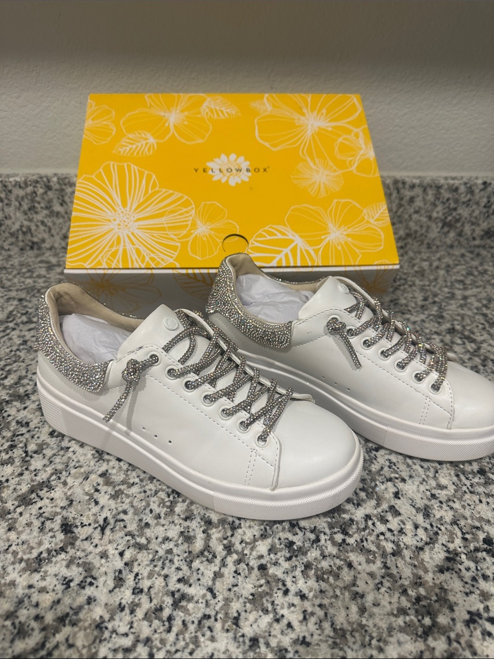 Yellow Box White Platform Sneakers with Silver Sparkle Collar